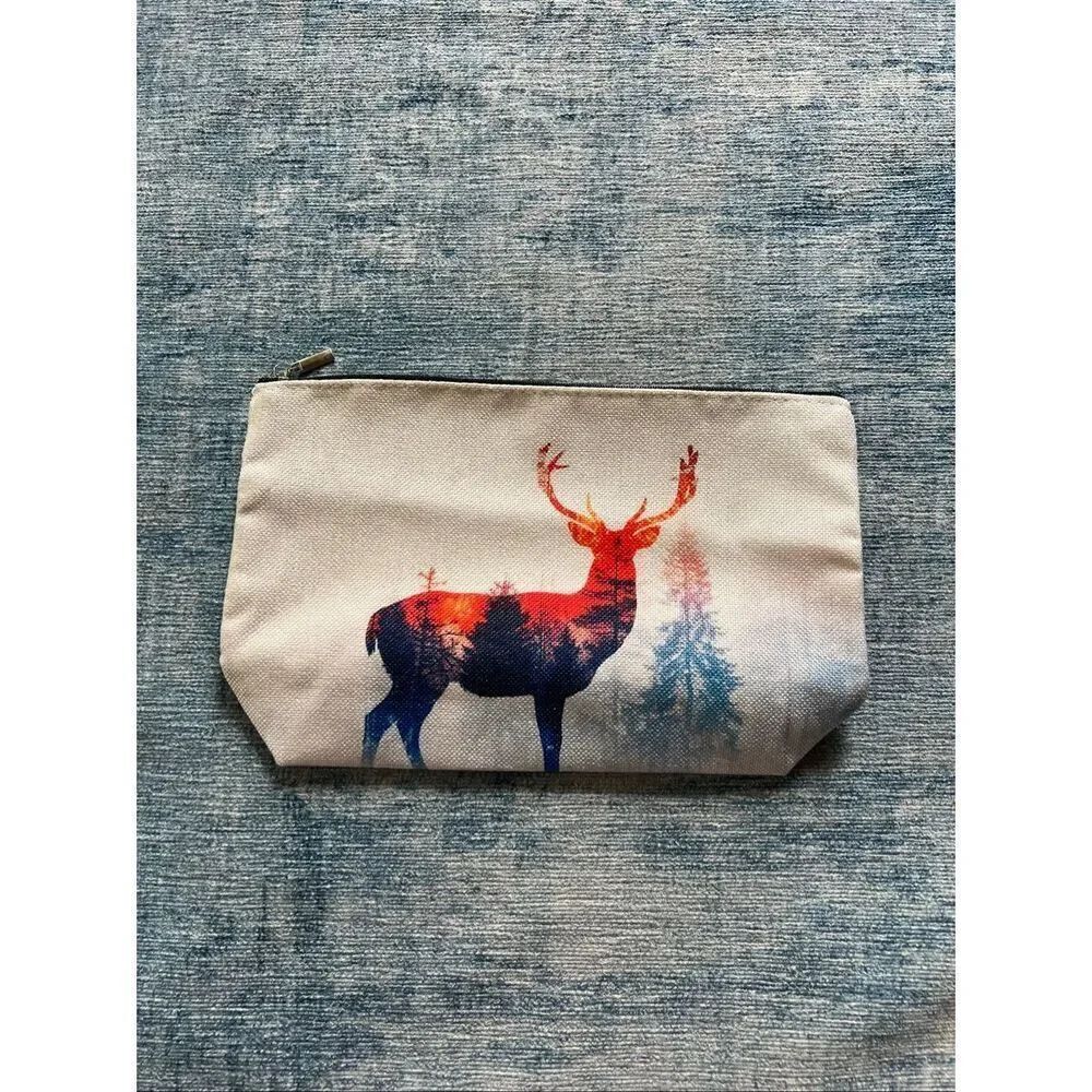 Watercolor Buck Deer Shadow Cotton Canvas Small Makeup Bag Travel Toiletry Pouch